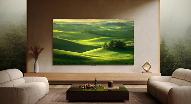 A living room with a large screen AI-generated content may be incorrect.