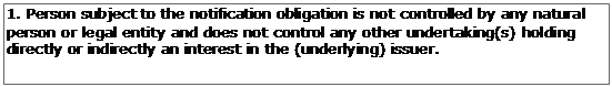 Text Box: 1. Person subject to the notification obligation is not controlled by any natural person or legal entity and does not control any other undertaking(s) holding directly or indirectly an interest in the (underlying) issuer.
