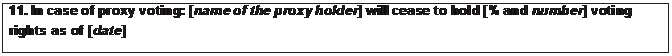 Text Box: 11. In case of proxy voting: [name of the proxy holder] will cease to hold [% and number] voting rights as of [date]