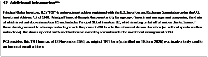 Text Box: 12. Additional informationxvi: Principal Global Investors, LLC (“PGI”) is an investment adviser registered with the U.S. Securities and Exchange Commission under the U.S. Investment Advisers Act of 1940. Principal Financial Group is the parent entity for a group of investment management companies, the chain of which is set out above (in section 10) and includes Principal Global Investors LLC, which is acting on behalf of various clients. Some of these clients, pursuant to advisory contracts, provide the power to PGI to vote their shares at its own discretion (i.e. without specific written instructions). The shares reported on this notification are owned by accounts under the investment management of PGI. PGI provides this TR1 form as of 12 November 2025, as original TR1 form (submitted on 10 June 2025) was inadvertently sent to an incorrect email address. 