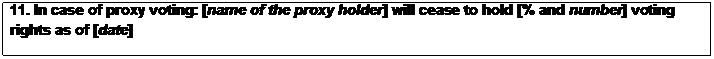 Text Box: 11. In case of proxy voting: [name of the proxy holder] will cease to hold [% and number] voting rights as of [date]