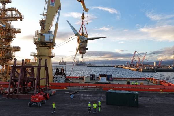 Ampeak energy completes offshore turbine works at meygen tidal project (amp) A crane lifting a plane AI-generated content may be incorrect.
