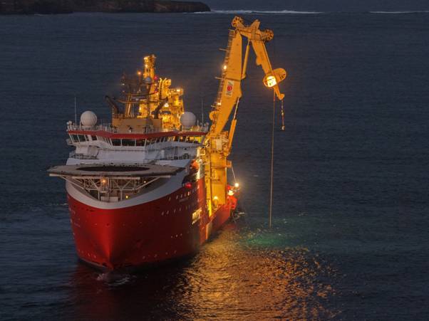 Ampeak energy completes offshore turbine works at meygen tidal project (amp) A large ship in the water AI-generated content may be incorrect.