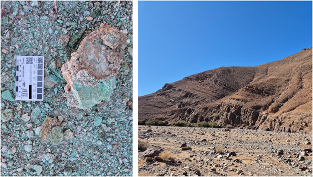 The image shows a weathered, rocky mountain landscape under a clear blue sky, with a QR code in the foreground. AI-generated content may be incorrect.