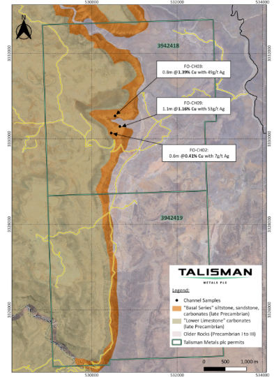 The image is a topographic map detailing the Talisman Metals project, showing geological layers and sample locations for exploration, with various mineral content annotations. AI-generated content may be incorrect.