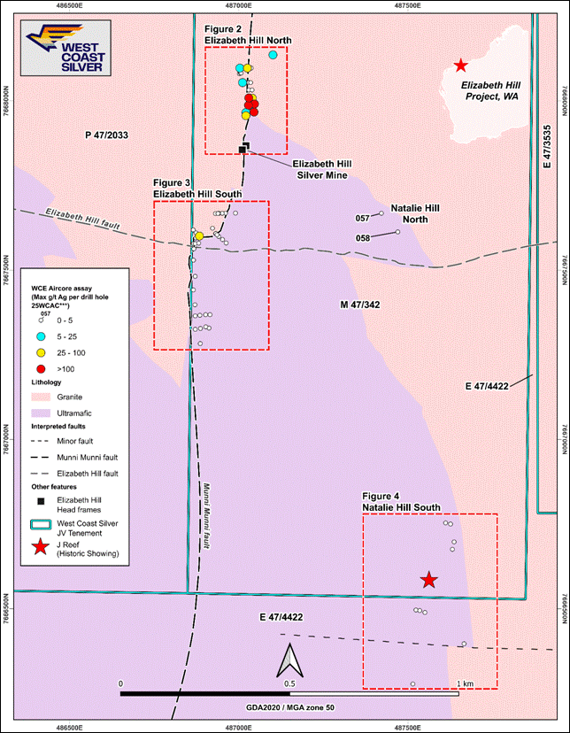 The image appears to be a geological map detailing a mining project in Elizabeth Hill, featuring locations, fault lines, and mineral content. AI-generated content may be incorrect.