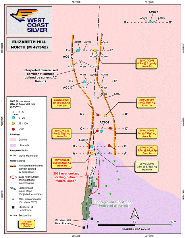 The image depicts a detailed geological map showing a mineralized corridor, with specific coordinates and mineral concentrations, including silver (Ag), along with various geological features and faults. AI-generated content may be incorrect.