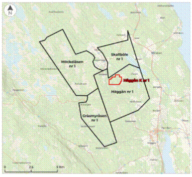 The image depicts a geographic map with various locations and distances, including Skallbￃﾶle, Mockelasen, Mￃﾥggￃﾢn Kor1, Hￃﾡggￃﾢn nr 1, and Crￃﾤsmyrￃﾥsen, marked at intervals of 25 km. AI-generated content may be incorrect.
