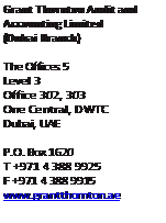 Text Box: Grant Thornton Audit and Accounting Limited (Dubai Branch) The Offices 5 Level 3 Office 302, 303 One Central, DWTC Dubai, UAE P.O. Box 1620 T +971 4 388 9925 F +971 4 388 9915 www.grantthornton.ae