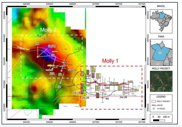 The image appears to be a geological map or drilling plan, showing a series of geographical locations and borehole data, with specific coordinates and depths, likely related to the Molly Project in Parￃﾡ, Brazil. AI-generated content may be incorrect.
