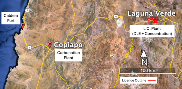 The image depicts a map highlighting the locations of Laguna Verde and Copiapo, with key infrastructure like the LiCl Plant and Carbonation Plant, and includes a note on a 100 km distance and a license outline. AI-generated content may be incorrect.
