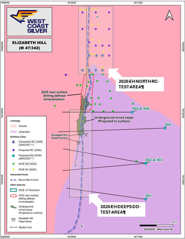 The image is a geological map detailing a mining area on Elizabeth Hill, showing drillholes, mineralization, and various underground structures. AI-generated content may be incorrect.