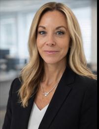 The image shows a person with long, light-colored hair wearing a professional suit and holding a necklace. AI-generated content may be incorrect.