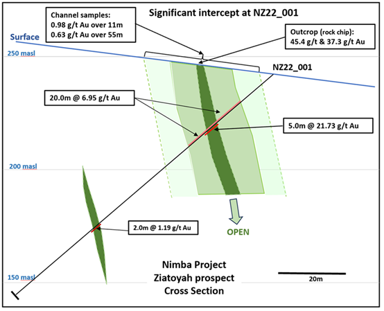 The diagram depicts a geological cross-section with sample data indicating gold concentrations (g/t Au) at various depths and locations for the Nimba Project, highlighting significant gold intersections. AI-generated content may be incorrect.
