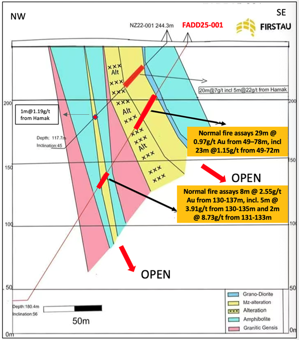 The image depicts a geological cross-section diagram, detailing various mineral assays, depths, and alterations, including gold and other mineral measurements at different intervals. AI-generated content may be incorrect.