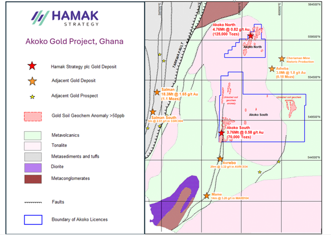 The image depicts a geological map of the Akoko region in Ghana, highlighting various gold mineralization sites, including the Akoko North, Salman, and Akoko South, with detailed measurements of gold grams per tonne (g/t Au) and tonnes (Tozs). AI-generated content may be incorrect.