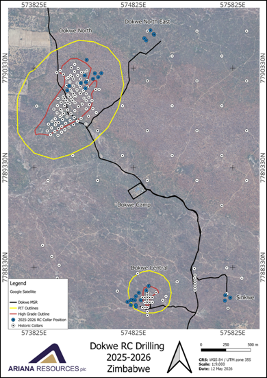 The image shows a detailed map depicting the Dokwe region in Zimbabwe, highlighting various geographical features, locations, and drilling positions with coordinates and measurements. AI-generated content may be incorrect.