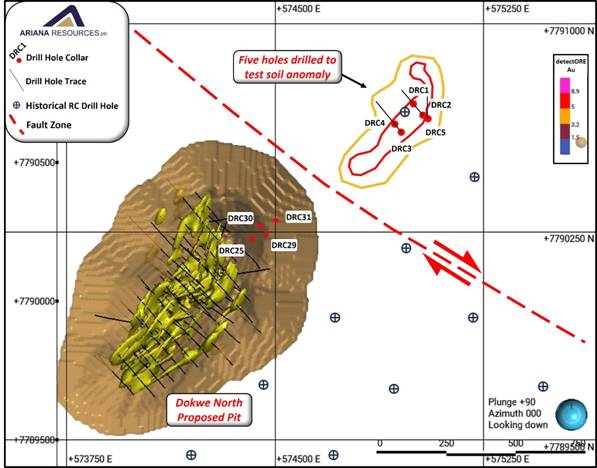 The diagram shows a geological survey map with various drill holes marked, indicating locations for testing soil anomalies, historical drilling, and a proposed pit, all in the region of Dr. Zulu in the Democratic Republic of Congo. AI-generated content may be incorrect.