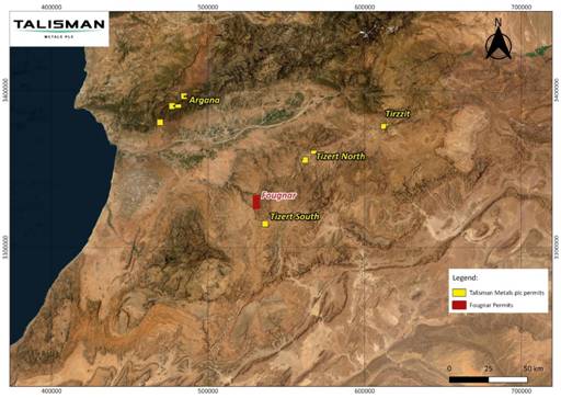 The image depicts a geographical map with various locations labeled, including Talisman Metals Plc, Fougnar, and others, with a scale of distances in kilometers. AI-generated content may be incorrect.