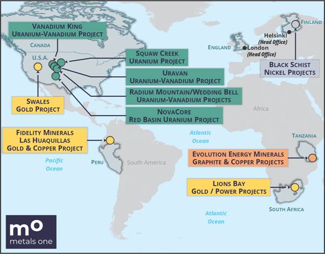 The diagram illustrates a global network of mining and energy projects, including uranium, vanadium, gold, and other minerals, with various headquarters and operational locations around the world. AI-generated content may be incorrect.