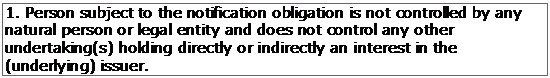 Text Box: 1. Person subject to the notification obligation is not controlled by any natural person or legal entity and does not control any other undertaking(s) holding directly or indirectly an interest in the (underlying) issuer.