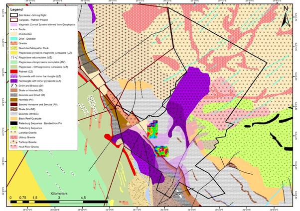 The image is a detailed geological map displaying various mineral deposits, fault lines, and rock types across a region, with specific coordinates for locations such as the Zeb Nickel, Ivanplats, and different granite and gneiss formations. AI-generated content may be incorrect.
