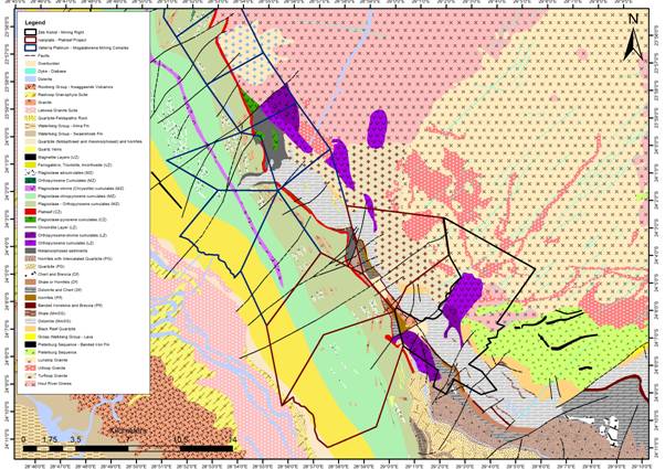The image appears to be a geological map showcasing various mineral deposits, fault lines, and rock types within a specified region, including locations for zinc nickel mining, platinum mining, and different granite suites, as well as specific geological formations like orthopyroxene and plagioclase. AI-generated content may be incorrect.
