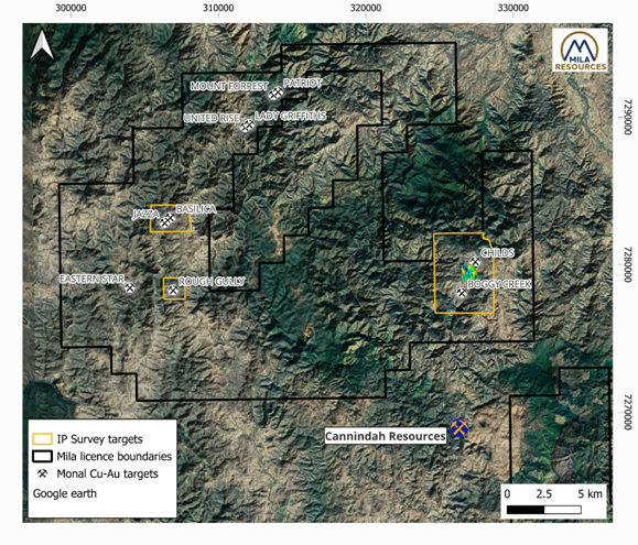 The image shows a topographic map highlighting various geographic locations, resource sites, and survey targets, including Mount Forrest, Patricious, and several mineral targets. AI-generated content may be incorrect.
