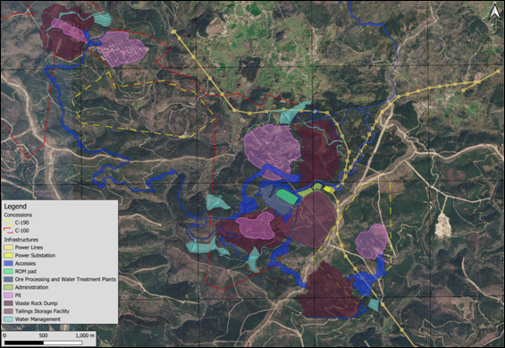 The image is a map overlaying a mining site with various infrastructure elements such as power lines, substations, access points, and environmental management facilities, marked with specific locations and elevation details. AI-generated content may be incorrect.