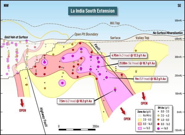 The diagram illustrates a geological survey of a mineral deposit in India, showing various depths, gold vein locations, and mineralization levels. AI-generated content may be incorrect.