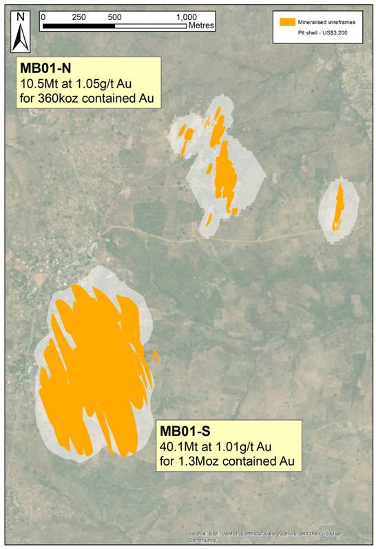 Oriole Resources Mbe project reaches 1.66Moz gold resource milestone (ORR) The image depicts a mineralized ore deposit map, illustrating two mining areas, MB01-N and MB01-S, with their respective gold concentrations and estimated gold content. AI-generated content may be incorrect.