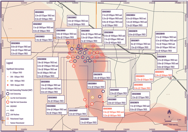 The image appears to be a complex diagram, possibly a map or chart, with various data points marked, including coordinates and measurements in parts per million (ppm) of TREO (a type of natural gas). It includes a legend and a list of significant intersections. AI-generated content may be incorrect.