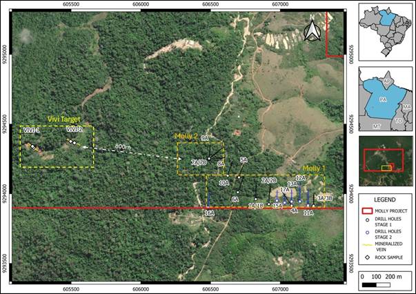The image depicts a detailed geological survey map with various locations, depths, and annotations for mineralization, drill holes, and sample sites, likely for a mining or geological study. AI-generated content may be incorrect.