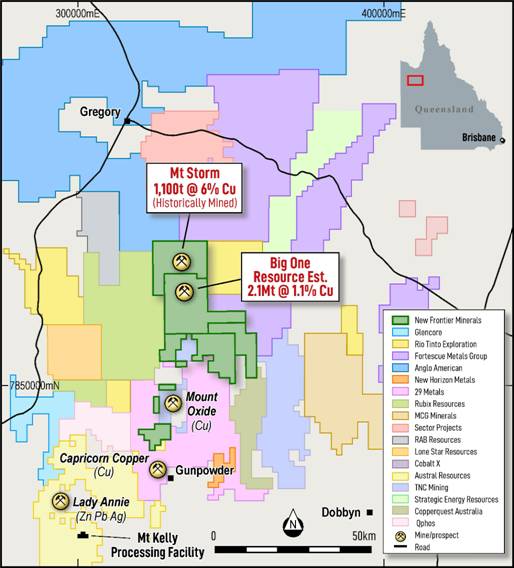 The image depicts a map showing various locations in Queensland, Australia, marked with mineral resources such as copper, cobalt, and zinc, including mines, prospects, and processing facilities. AI-generated content may be incorrect.