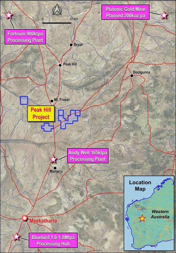 The image depicts a map of Western Australia, highlighting various mining projects and locations such as the Plutonic Gold Mine, Andy Well, and Bluebird, along with their respective processing plants. AI-generated content may be incorrect.