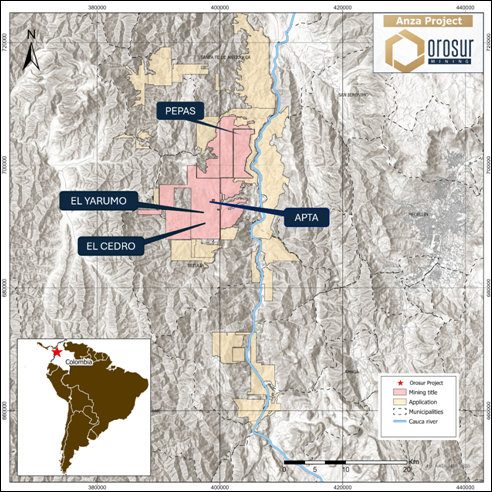 The image shows a map depicting the Orosur Project area in Colombia, including locations such as Santa Fe de Antioquia, Medellᅢᆳn, and Cauca River, with a scale of kilometers marked. AI-generated content may be incorrect.