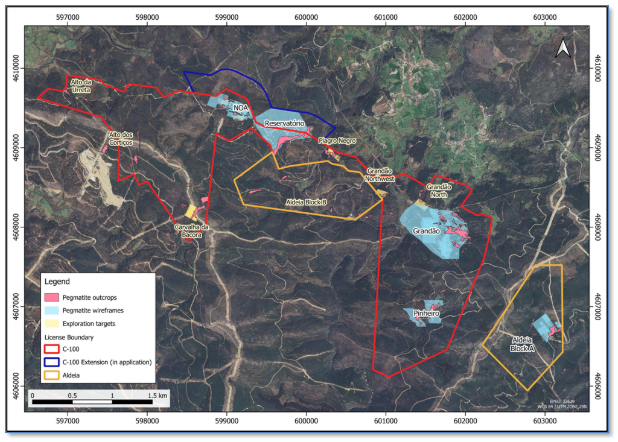 The image appears to be a detailed map or geological survey showing various elevation points, locations, and features such as pegmatite outcrops, exploration targets, and a license boundary in a mountainous area.

AI-generated content may be incorrect.