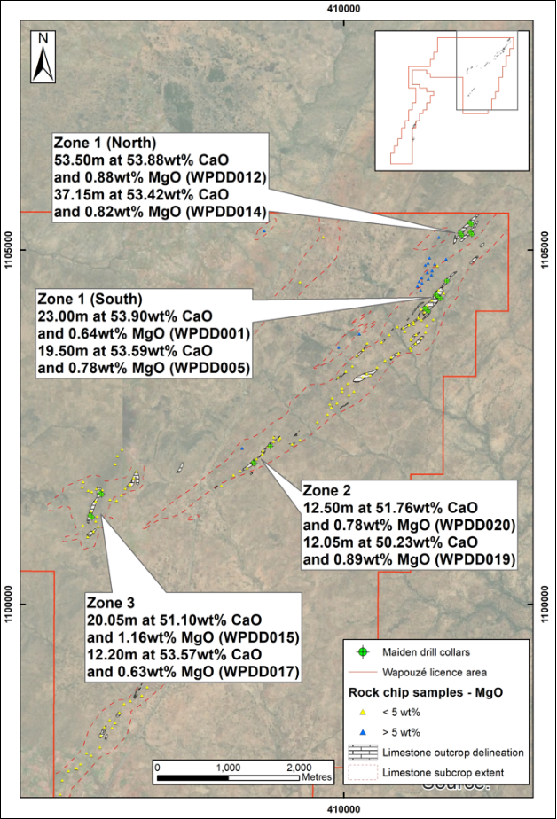 The image depicts a geological map showcasing various zones with specific measurements of weight percentages of calcium and magnesium oxide, including drill collars and rock chip samples, indicating limestone outcrops and subcrops.  AI-generated content may be incorrect.