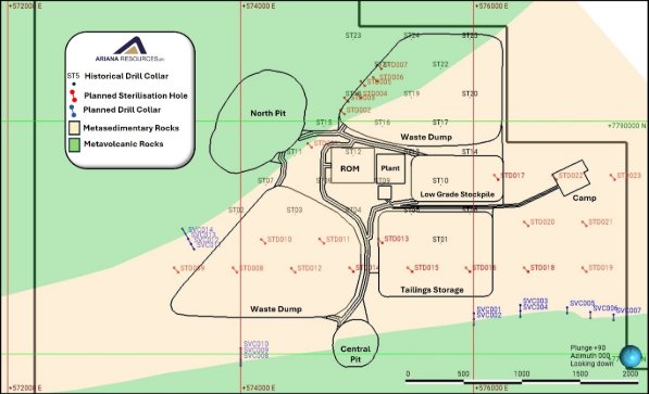 The image is a detailed geological map or plan showing various locations, coordinates, and geological layers such as metasedimentary and metavolcanic rocks, with annotations for planned sterilization holes, drill collars, waste dumps, and tailings storage, all marked in a grid format.

AI-generated content may be incorrect.