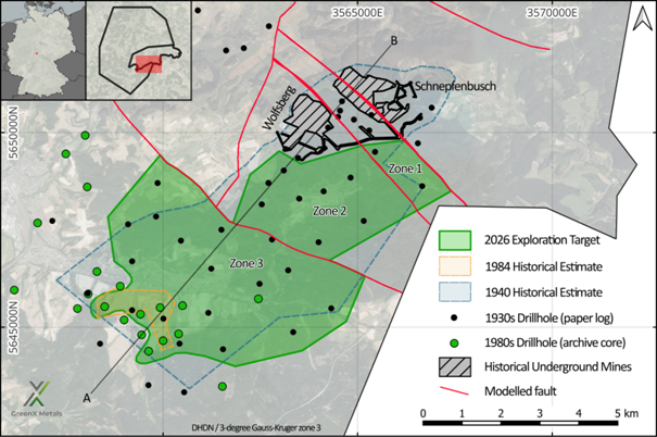 The image depicts a geological map showing different zones, historical drillhole locations, and a modelled fault line, including coordinates and data from various years, related to a mining area. AI-generated content may be incorrect.