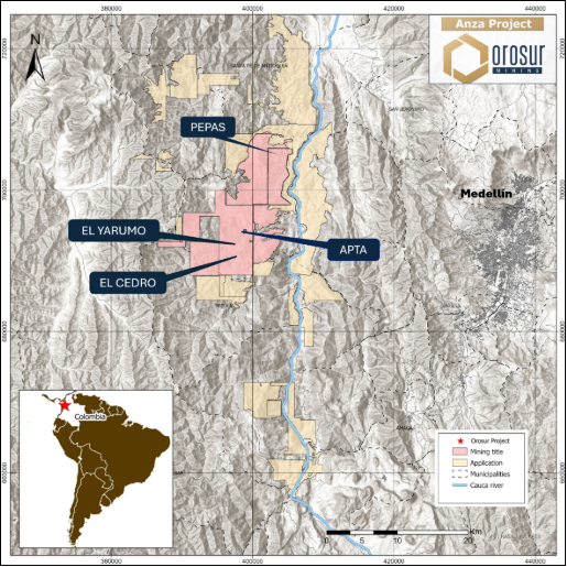 The image depicts a map showcasing the Anza Project area in Colombia, highlighting various locations and municipalities, including Santa Fe de Antioquia, Medellin, and El Yarumo, along with geographical features such as the Cauca river.
AI-generated content may be incorrect.