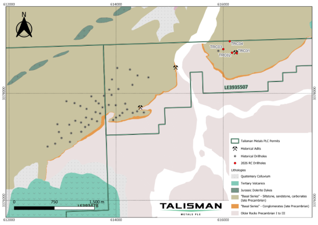 The image depicts a geological map of the Talisman Metals PLC area, detailing various geological layers and historical drillhole locations, including lithologies like Quaternary Colluvium and Jurassic Dolerite Dykes, with specific coordinates and depths.  AI-generated content may be incorrect.