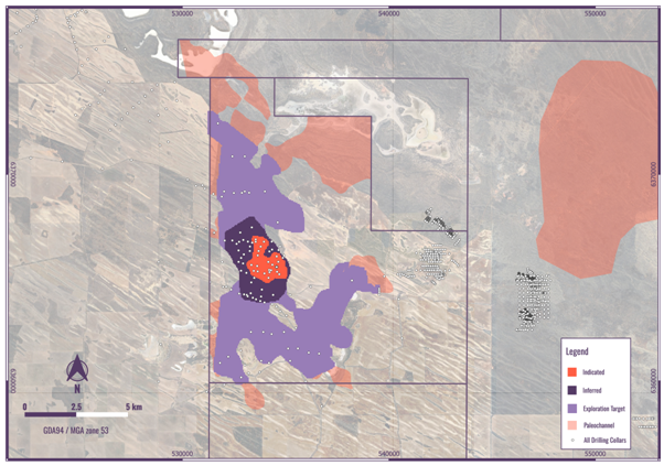 The image is a geological map showing a paleochannel with drilling collars, including a legend indicating various coordinates and measurements. AI-generated content may be incorrect.