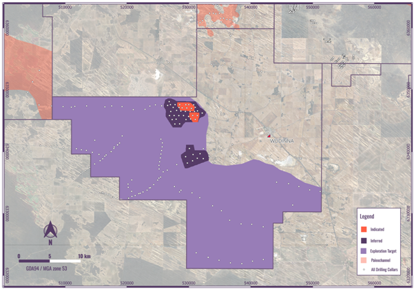 The image shows a map detailing geographical coordinates and drilling locations, including a paleochannel, within a specified MGA zone. AI-generated content may be incorrect.